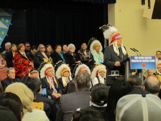 Blood tribe Chief Charles Weaselhead addresses FN leaders, elders, students, Ka