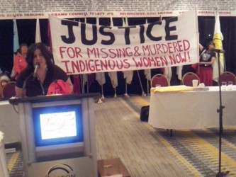 MMIW advocate and singer Tsong Deh Kwe addressing the All Ontario Chiefs Assembl
