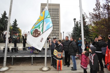 The Treaty 4 flag is raised at Regina City Hall to fly permanently alongside the