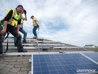 Work on installing solar panels on the Louis Bull First Nation