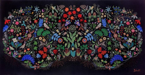 Christi Belcourt‘s painting, Water Song, which Valentino’s Francesco Bova turned