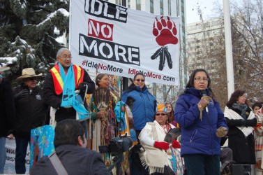 Sylvia McAdam addresses a crowd in Edmonton last winter