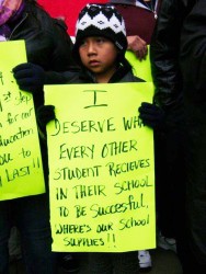 Emily Dean-Martin, a grade 4 student from Six Nations at the Toronto rally to pr