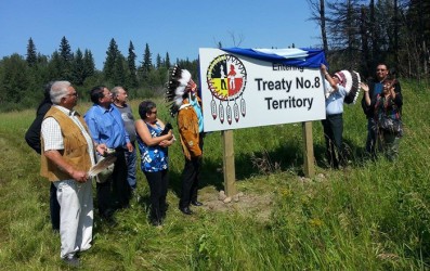 Chiefs present for the unveiling of the Treaty 8 sign in Whitecourt