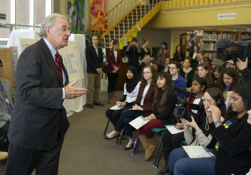 Former Prime Minister Paul Martin speaks to students