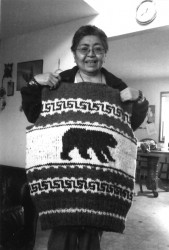 Charlotte Williams displays a Cowichan sweater that she knit.