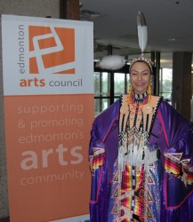Angela Gladue performed a fancy shawl dance at the Edmonton Arts Council