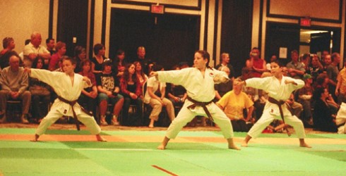 Braydon Caron (far right) in team Saskatchewan’s youth kata competiton, where he